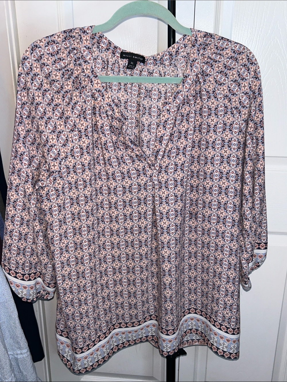 Willi Smith Pink and Navy Geometric V-Neck Tunic